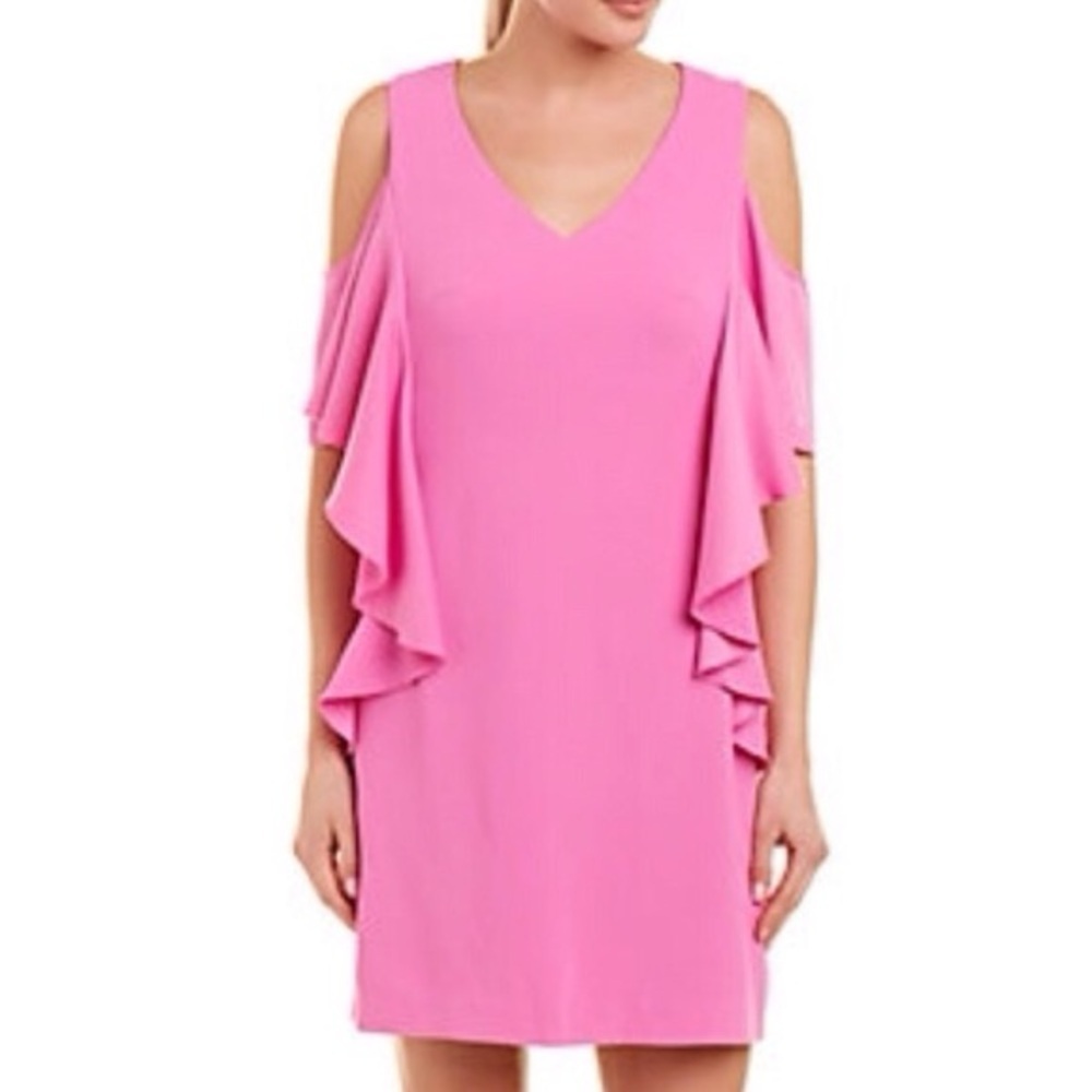 Trina Turk 10 Snap Dragon Cold Shoulder Lambada Carmel Crepe Ruffle Mini Dress